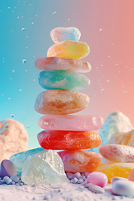 JPG 편집이미지 사람없음 컬러풀 화려 석탑 광석 보석 파스텔톤 편집실사 젠 AI컴퓨터그래픽 AI콘텐츠 컬러 컨셉 쌓기 탑 돌_바위 CG 파일형식