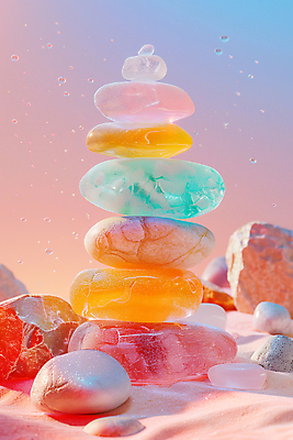 JPG 편집이미지 사람없음 컬러풀 화려 석탑 광석 보석 파스텔톤 편집실사 젠 AI컴퓨터그래픽 AI콘텐츠 컬러 컨셉 쌓기 탑 돌_바위 CG 파일형식