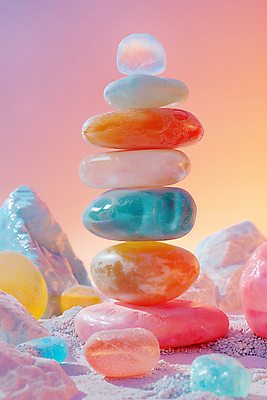 JPG 편집이미지 사람없음 컬러풀 화려 석탑 광석 보석 파스텔톤 편집실사 젠 AI컴퓨터그래픽 AI콘텐츠 컬러 컨셉 쌓기 탑 돌_바위 CG 파일형식