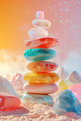 JPG 편집이미지 사람없음 반짝임 컬러풀 화려 석탑 광석 보석 파스텔톤 편집실사 젠 AI컴퓨터그래픽 AI콘텐츠 컬러 컨셉 모션 쌓기 탑 돌_바위 CG 파일형식