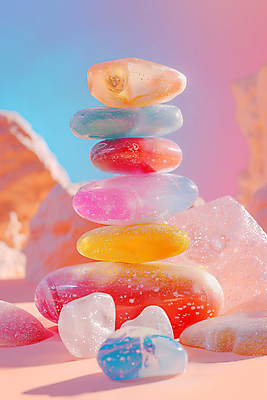 JPG 편집이미지 사람없음 컬러풀 화려 석탑 광석 보석 파스텔톤 편집실사 젠 AI컴퓨터그래픽 AI콘텐츠 컬러 컨셉 쌓기 탑 돌_바위 CG 파일형식