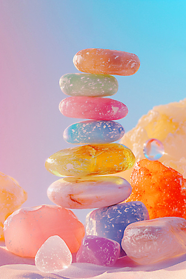 JPG 편집이미지 사람없음 컬러풀 화려 석탑 광석 보석 파스텔톤 편집실사 젠 AI컴퓨터그래픽 AI콘텐츠 컬러 컨셉 쌓기 탑 돌_바위 CG 파일형식