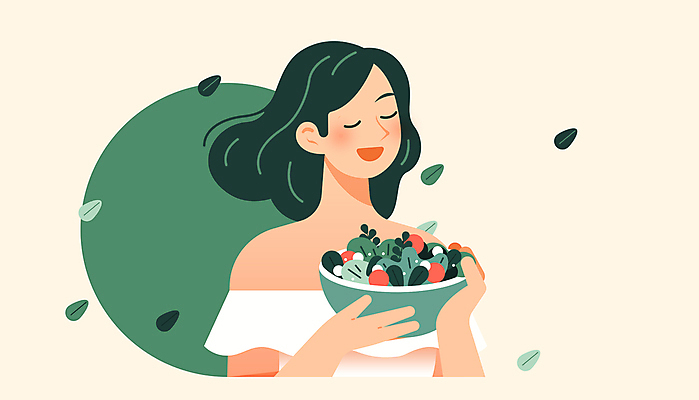 그릇 여자 다이어트 일러스트 건강 한명 들기 성인 건강관리 눈감음 샐러드 풀잎 건강식 국내일러스트 AI파일 1 식기 음식 잎 모션 관리 사람 풀_식물 파일형식 벡터