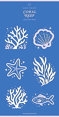 스티커 일러스트 조개 불가사리 어류 사람없음 파란색 반짝임 수중식물 산호 산호초 국내일러스트 AI파일 식물 컬러 모션 어패류 극피동물 수중동물 자포동물 파일형식 벡터