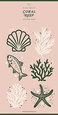 분홍색 스티커 일러스트 조개 불가사리 어류 사람없음 반짝임 수중식물 산호 산호초 국내일러스트 AI파일 식물 컬러 모션 어패류 극피동물 수중동물 자포동물 파일형식 벡터