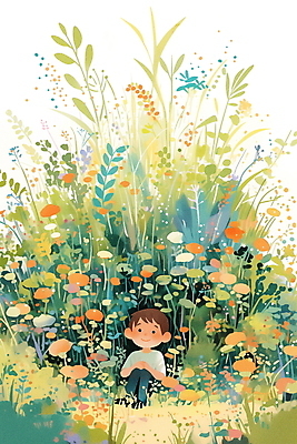 JPG 남자 어린이 일러스트 자연 나뭇잎 여름방학 한명 웃음 앉기 소년 초록색 평화 들꽃 즐거움 소년한명만 국내일러스트 AI일러스트 AI콘텐츠 1 꽃 감정 컬러 컨셉 잎 모션 방학 표정 사람 생태계 남자한명만 소년만 파일형식 여름_계절