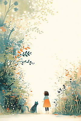 JPG 나무 여자 길 어린이 일러스트 자연 나뭇잎 여름방학 한명 소녀 초록색 평화 고양이 들꽃 숲속 소녀한명만 국내일러스트 AI일러스트 AI콘텐츠 식물 1 꽃 컬러 컨셉 잎 포유류 방학 사람 반려동물 숲 생태계 여자한명만 소녀만 파일형식 여름_계절