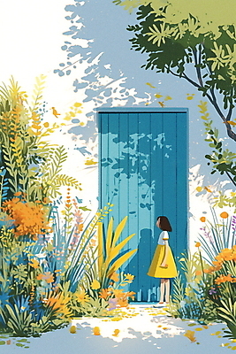 JPG 나무 여자 어린이 일러스트 자연 나뭇잎 여름방학 그림자 한명 소녀 건물 파란색 문 평화 신비 호기심 소녀한명만 국내일러스트 AI일러스트 AI콘텐츠 식물 1 건축물 감정 컬러 컨셉 잎 방학 사람 생태계 여자한명만 소녀만 파일형식 여름_계절