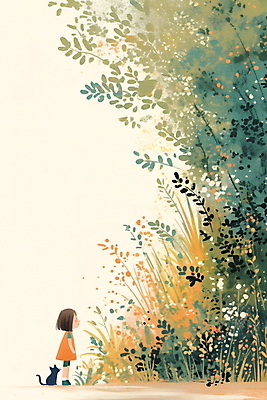 JPG 나무 여자 어린이 일러스트 자연 나뭇잎 여름방학 한명 소녀 초록색 평화 고양이 들꽃 숲속 호기심 소녀한명만 국내일러스트 AI일러스트 AI콘텐츠 식물 1 꽃 감정 컬러 컨셉 잎 포유류 방학 사람 반려동물 숲 생태계 여자한명만 소녀만 파일형식 여름_계절