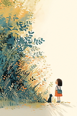 JPG 여자 꽃 어린이 일러스트 자연 나뭇잎 여름방학 한명 소녀 평화 고양이 들꽃 숲속 호기심 소녀한명만 국내일러스트 AI일러스트 AI콘텐츠 식물 1 감정 컨셉 잎 포유류 방학 사람 반려동물 숲 생태계 여자한명만 소녀만 파일형식 여름_계절