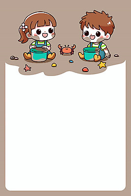 여자 남자 어린이 일러스트 조개 불가사리 사각프레임 프레임 앉기 소녀 소년 두명 여름 갈색 바구니 귀여움 꽃게 체험 양동이 갯벌 어린이만 카피스페이스 국내일러스트 AI파일 계절 컬러 컨셉 모션 어패류 극피동물 사람 사각형 공백 게 파일형식 벡터