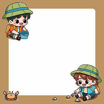 모자 여자 남자 어린이 가방 일러스트 조개 사각프레임 프레임 앉기 소녀 소년 두명 여름 갈색 바구니 귀여움 꽃게 가리킴 체험 양동이 갯벌 갈퀴 어린이만 카피스페이스 국내일러스트 AI파일 잡화 계절 컬러 컨셉 모션 어패류 사람 손짓 사각형 공백 게 파일형식 벡터