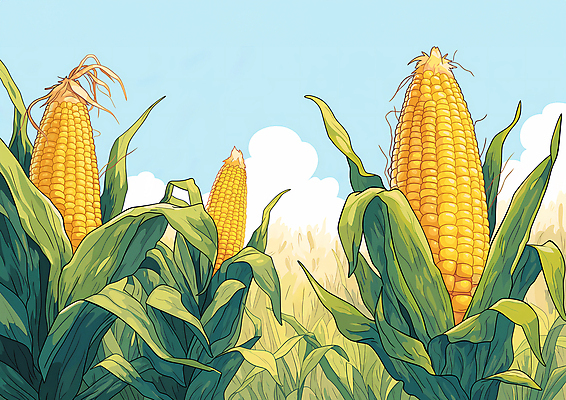JPG 잎 밭 일러스트 자연 옥수수 풍경 사람없음 초록색 여름 농작물 노란색 국내일러스트 AI일러스트 AI콘텐츠 식물 계절 컬러 농업 곡류 생태계 파일형식