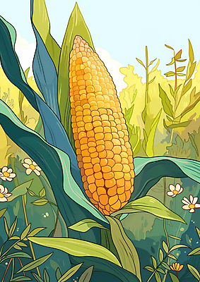JPG 잎 일러스트 자연 옥수수 풍경 사람없음 초록색 여름 농작물 노란색 국내일러스트 AI일러스트 AI콘텐츠 식물 계절 컬러 농업 곡류 생태계 파일형식