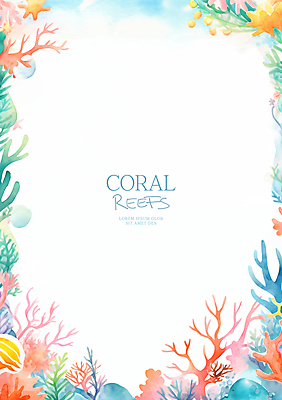 PSD 바다 일러스트 수채화 프레임 사람없음 여름 컬러풀 화려 산호 산호초 카피스페이스 국내일러스트 계절 컬러 컨셉 공백 수중식물 자포동물 파일형식