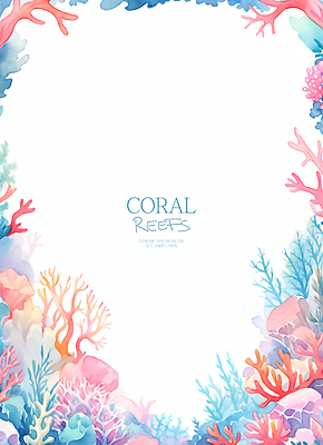 PSD 바다 일러스트 수채화 프레임 사람없음 여름 컬러풀 화려 산호 산호초 카피스페이스 국내일러스트 계절 컬러 컨셉 공백 수중식물 자포동물 파일형식