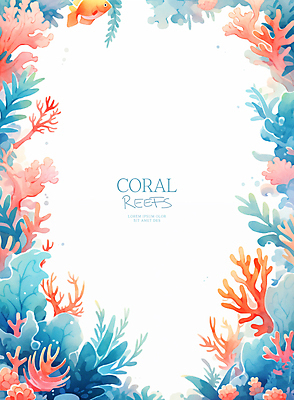 PSD 바다 일러스트 수채화 프레임 사람없음 여름 컬러풀 화려 산호 산호초 카피스페이스 국내일러스트 계절 컬러 컨셉 공백 수중식물 자포동물 파일형식