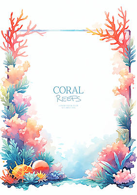 PSD 바다 일러스트 수채화 프레임 사람없음 여름 컬러풀 화려 산호 산호초 카피스페이스 국내일러스트 계절 컬러 컨셉 공백 수중식물 자포동물 파일형식