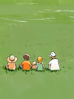 JPG 모자 여자 남자 어린이 일러스트 휴식 소녀 소년 잔디 초원 여러명 초록색 여름 소풍 평화 강아지 어린이만 국내일러스트 AI일러스트 AI콘텐츠 식물 잡화 계절 컬러 다수 컨셉 사람 반려동물 야외활동 개 파일형식