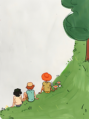 JPG 나무 모자 여자 남자 일러스트 휴식 잔디 초원 성인 세명 초록색 여름 소풍 평화 성인만 국내일러스트 AI일러스트 AI콘텐츠 식물 잡화 계절 컬러 컨셉 사람 야외활동 파일형식