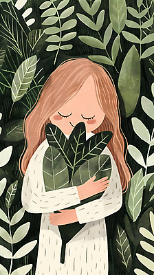 JPG 여자 어린이 일러스트 안기 자연 나뭇잎 한명 들기 소녀 초록색 평화 자연보호 눈감음 풀잎 보호 숲 에코 소녀한명만 국내일러스트 AI일러스트 AI콘텐츠 1 컬러 컨셉 잎 모션 사람 환경 풀_식물 생태계 여자한명만 소녀만 파일형식