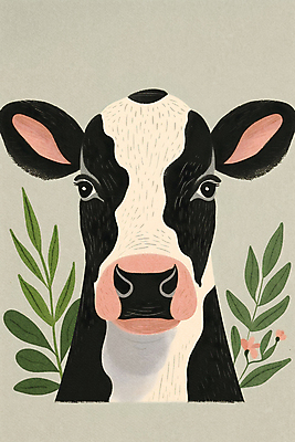 JPG 꽃 일러스트 사람없음 초록색 귀여움 목장 풀잎 젖소 국내일러스트 AI일러스트 AI콘텐츠 식물 컬러 컨셉 잎 풀_식물 소 파일형식