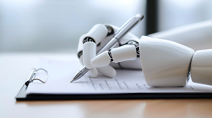 JPG 편집이미지 손 과학 미래 기술 사람없음 펜 디지털 기계 기록 업무 작가 로봇 혁명 로봇팔 서류판 자동화 AI_인공지능 편집실사 AI포토 AI콘텐츠 직업 컨셉 신체부위 필기구 사무용품 작업 CG 파일형식