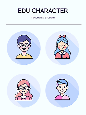 캐릭터 학생 여자 교육 남자 인물캐릭터 하늘색 일러스트 청소년 미소 여러명 성인 귀여움 교사 프로필 일러캐릭터 AI파일 직업 다수 컨셉 표정 사람 파란색 파일형식 벡터