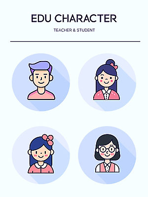 캐릭터 학생 여자 교육 남자 인물캐릭터 하늘색 일러스트 청소년 미소 여러명 성인 귀여움 교사 프로필 일러캐릭터 AI파일 직업 다수 컨셉 표정 사람 파란색 파일형식 벡터