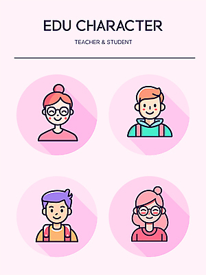 캐릭터 학생 여자 교육 남자 인물캐릭터 분홍색 일러스트 청소년 미소 여러명 성인 귀여움 교사 프로필 일러캐릭터 AI파일 직업 컬러 다수 컨셉 표정 사람 파일형식 벡터