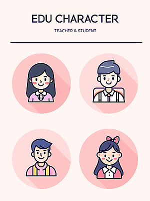 캐릭터 학생 여자 교육 남자 인물캐릭터 분홍색 일러스트 청소년 미소 여러명 성인 귀여움 교사 프로필 일러캐릭터 AI파일 직업 컬러 다수 컨셉 표정 사람 파일형식 벡터