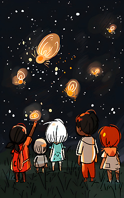 JPG 여자 남자 어린이 일러스트 밤하늘 풍경 소녀 소년 여러명 반짝임 검은색 구경 감성 반딧불이 어린이만 국내일러스트 AI일러스트 AI콘텐츠 컬러 다수 곤충 컨셉 모션 하늘 사람 야간 파일형식
