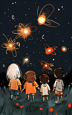 JPG 여자 남자 어린이 일러스트 밤하늘 풍경 소녀 소년 여러명 반짝임 검은색 구경 감성 반딧불이 어린이만 국내일러스트 AI일러스트 AI콘텐츠 컬러 다수 곤충 컨셉 모션 하늘 사람 야간 파일형식