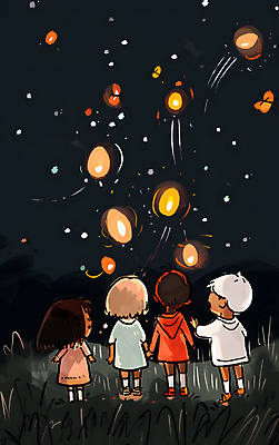 JPG 여자 남자 어린이 일러스트 밤하늘 풍경 소녀 소년 여러명 반짝임 검은색 구경 감성 반딧불이 어린이만 국내일러스트 AI일러스트 AI콘텐츠 컬러 다수 곤충 컨셉 모션 하늘 사람 야간 파일형식
