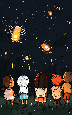 JPG 여자 남자 어린이 일러스트 밤하늘 풍경 소녀 소년 여러명 반짝임 검은색 구경 감성 반딧불이 어린이만 국내일러스트 AI일러스트 AI콘텐츠 컬러 다수 곤충 컨셉 모션 하늘 사람 야간 파일형식
