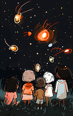 JPG 여자 남자 어린이 일러스트 밤하늘 풍경 소녀 소년 여러명 반짝임 검은색 구경 감성 반딧불이 어린이만 국내일러스트 AI일러스트 AI콘텐츠 컬러 다수 곤충 컨셉 모션 하늘 사람 야간 파일형식