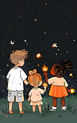 JPG 여자 남자 어린이 일러스트 밤하늘 풍경 소녀 소년 세명 반짝임 검은색 구경 감성 반딧불이 어린이만 국내일러스트 AI일러스트 AI콘텐츠 컬러 곤충 컨셉 모션 하늘 사람 야간 파일형식