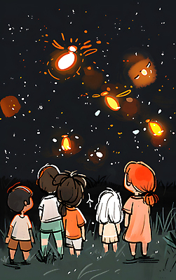 JPG 여자 남자 어린이 일러스트 밤하늘 풍경 소녀 소년 여러명 반짝임 검은색 구경 감성 반딧불이 어린이만 국내일러스트 AI일러스트 AI콘텐츠 컬러 다수 곤충 컨셉 모션 하늘 사람 야간 파일형식