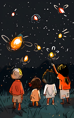 JPG 여자 남자 어린이 일러스트 밤하늘 풍경 소녀 소년 여러명 반짝임 검은색 구경 감성 반딧불이 어린이만 국내일러스트 AI일러스트 AI콘텐츠 컬러 다수 곤충 컨셉 모션 하늘 사람 야간 파일형식