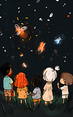 JPG 여자 남자 어린이 일러스트 밤하늘 풍경 소녀 소년 여러명 반짝임 검은색 구경 감성 반딧불이 어린이만 국내일러스트 AI일러스트 AI콘텐츠 컬러 다수 곤충 컨셉 모션 하늘 사람 야간 파일형식