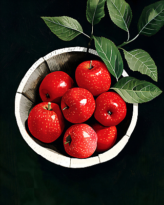 JPG 일러스트 나뭇잎 사람없음 빨간색 하이앵글 바구니 수확 신선 고급 사과 담기 정물화 국내일러스트 AI일러스트 AI콘텐츠 뷰포인트 컬러 컨셉 잎 농업 과일 모션 그림 파일형식