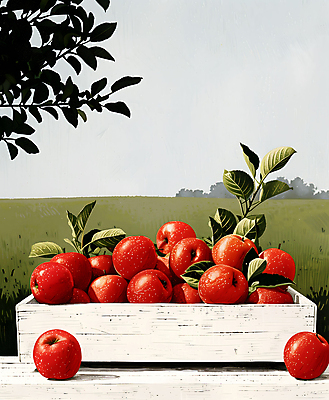 JPG 일러스트 자연 나뭇잎 사람없음 빨간색 농장 바구니 수확 신선 고급 사과 담기 정물화 국내일러스트 AI일러스트 AI콘텐츠 컬러 컨셉 잎 농업 과일 모션 그림 생태계 파일형식