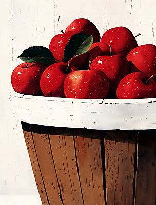 JPG 일러스트 나뭇잎 사람없음 빨간색 바구니 수확 신선 고급 사과 담기 정물화 국내일러스트 AI일러스트 AI콘텐츠 컬러 컨셉 잎 농업 과일 모션 그림 파일형식