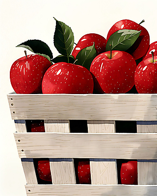 JPG 일러스트 나뭇잎 사람없음 빨간색 초록색 바구니 수확 신선 고급 사과 담기 정물화 국내일러스트 AI일러스트 AI콘텐츠 컬러 컨셉 잎 농업 과일 모션 그림 파일형식