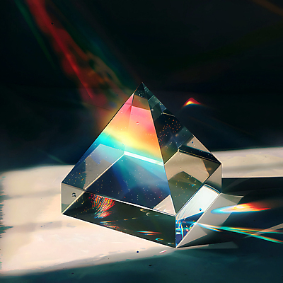 JPG 편집이미지 무지개 유리 사람없음 빛 반짝임 컬러풀 반사 투명 화려 삼각형 스펙트럼 프리즘 디지털아트 편집실사 AI포토 AI콘텐츠 자연요소 도형 컬러 컨셉 모션 재질 CG 광학기기 파일형식