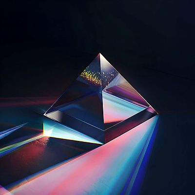 JPG 편집이미지 무지개 유리 사람없음 빛 반짝임 컬러풀 반사 투명 화려 삼각형 스펙트럼 프리즘 디지털아트 편집실사 AI포토 AI콘텐츠 자연요소 도형 컬러 컨셉 모션 재질 CG 광학기기 파일형식