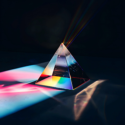 JPG 편집이미지 무지개 유리 사람없음 빛 반짝임 컬러풀 반사 투명 화려 삼각형 스펙트럼 프리즘 디지털아트 편집실사 AI포토 AI콘텐츠 자연요소 도형 컬러 컨셉 모션 재질 CG 광학기기 파일형식