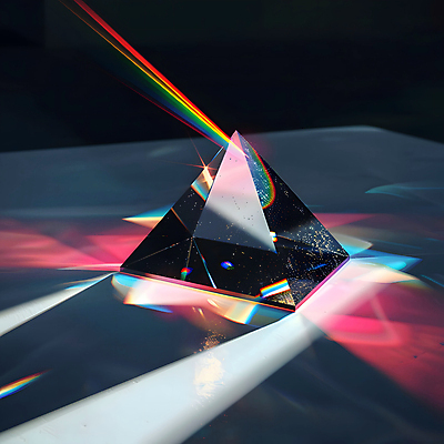JPG 편집이미지 무지개 유리 사람없음 빛 반짝임 컬러풀 반사 투명 화려 삼각형 스펙트럼 프리즘 디지털아트 편집실사 AI포토 AI콘텐츠 자연요소 도형 컬러 컨셉 모션 재질 CG 광학기기 파일형식