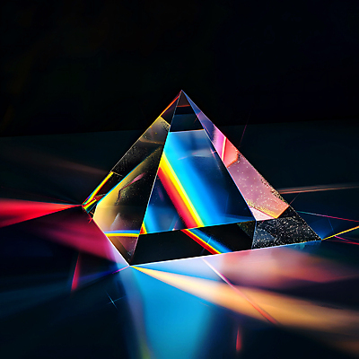 JPG 편집이미지 무지개 유리 사람없음 빛 반짝임 컬러풀 반사 투명 화려 삼각형 스펙트럼 프리즘 디지털아트 편집실사 AI포토 AI콘텐츠 자연요소 도형 컬러 컨셉 모션 재질 CG 광학기기 파일형식