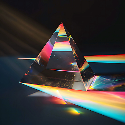 JPG 편집이미지 무지개 유리 사람없음 빛 반짝임 컬러풀 반사 투명 화려 삼각형 스펙트럼 프리즘 디지털아트 편집실사 AI포토 AI콘텐츠 자연요소 도형 컬러 컨셉 모션 재질 CG 광학기기 파일형식